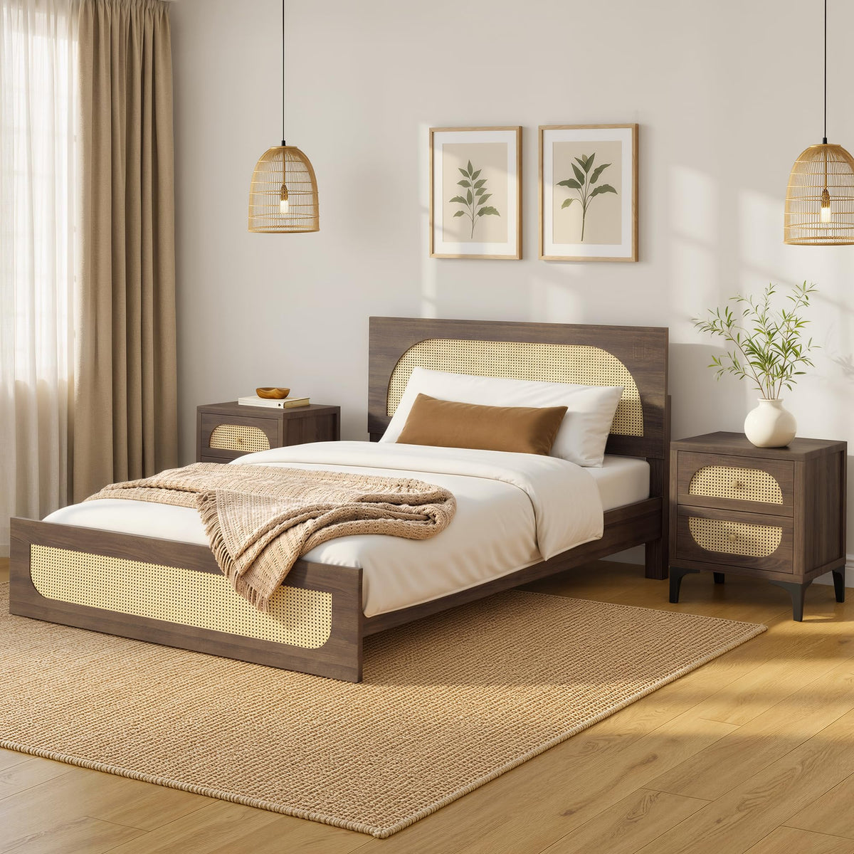 Boho Rattan Bed Frame, Farmhouse Platform, Walnut