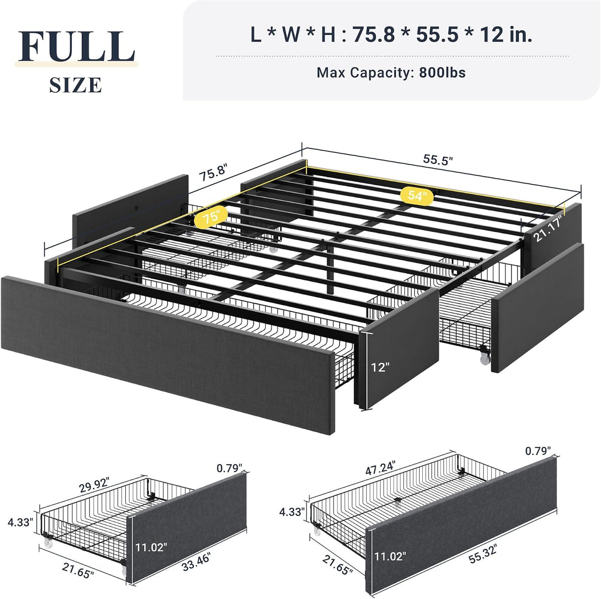 Queen Platform Bed Frame with 3 Storage Drawers, Fabric Upholstered, Wooden Slats Support, No Box Spring Needed