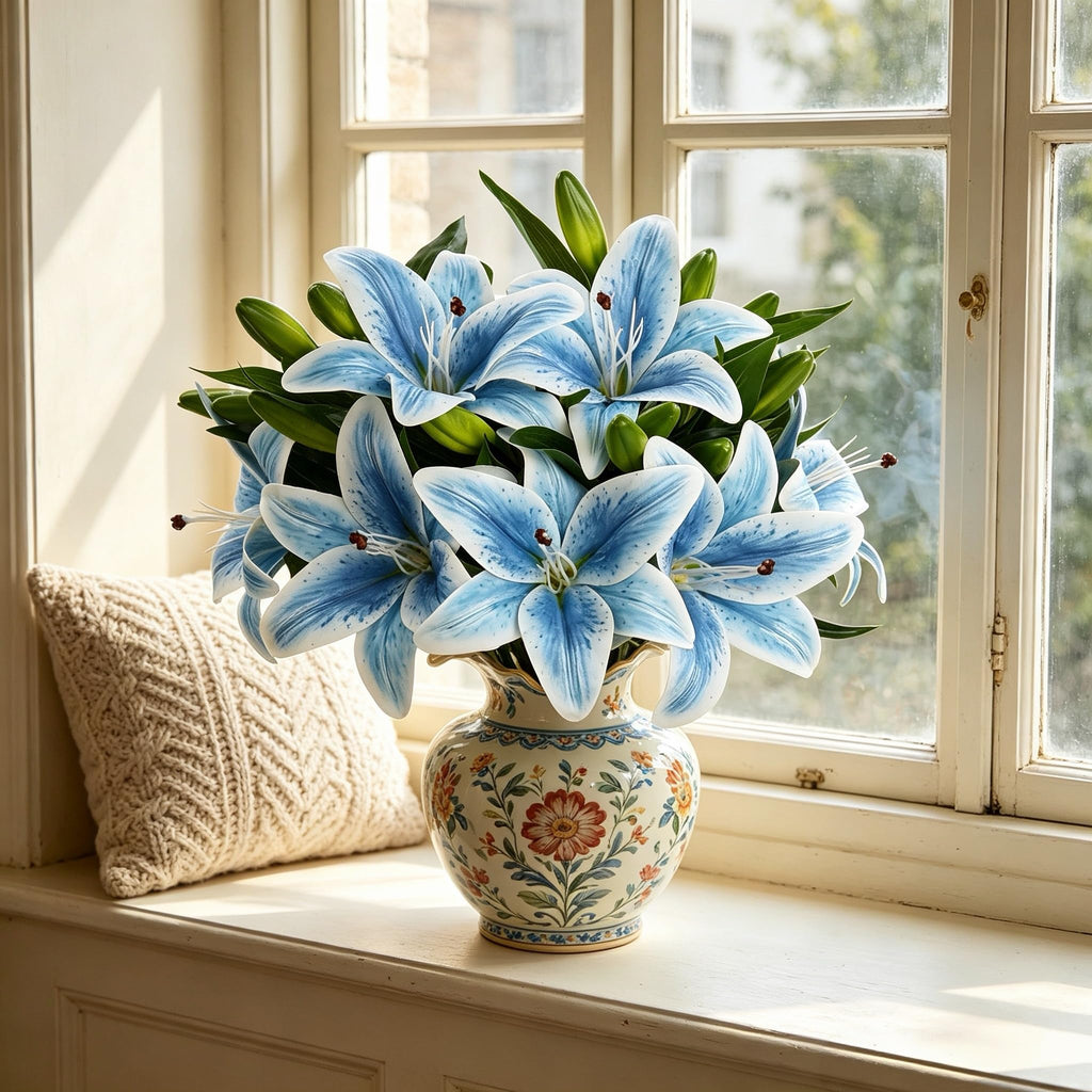 6 Pcs Real Touch Tiger Lily Artificial, Light Blue