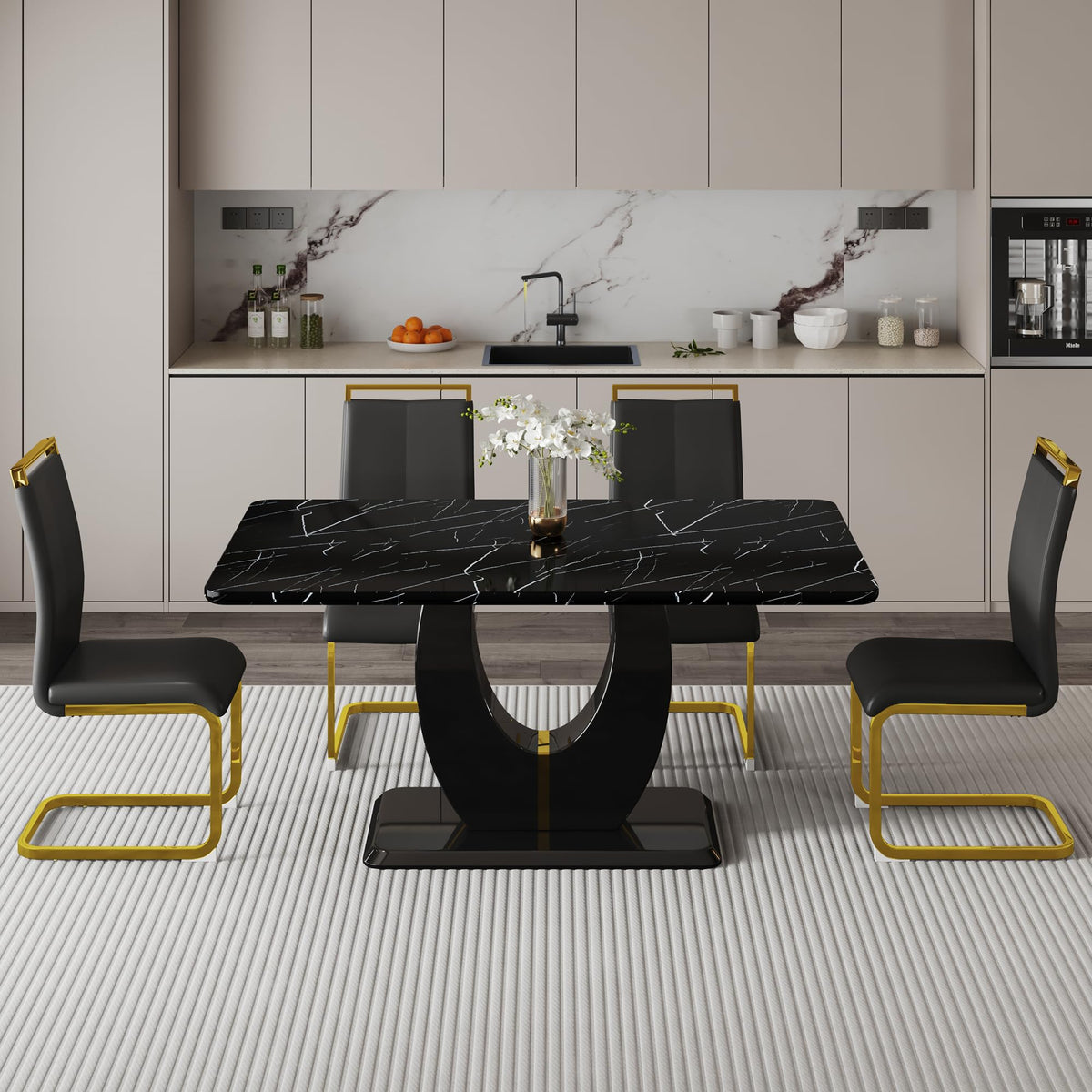 Dining Table Set for 4, Kitchen Table Chairs Set of 4, Modern Dining Room Set with 63 inch Marble Dinner Table PU