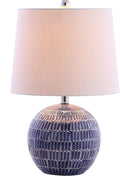21" Navy Ceramic Hand-Painted Scallop Sphere Table Lamp, Coastal Transitional Bedside Lamp with White Linen Drum Shade