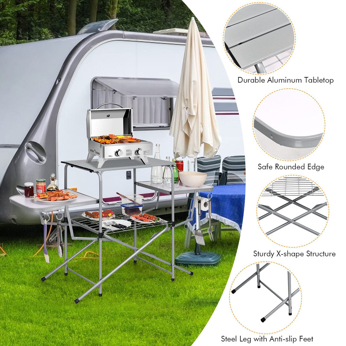 Folding Grill Table with 26'' Main Tabletop, Portable Aluminum Camping Table, Carrying Bag, Quick Set-up, Outdoor