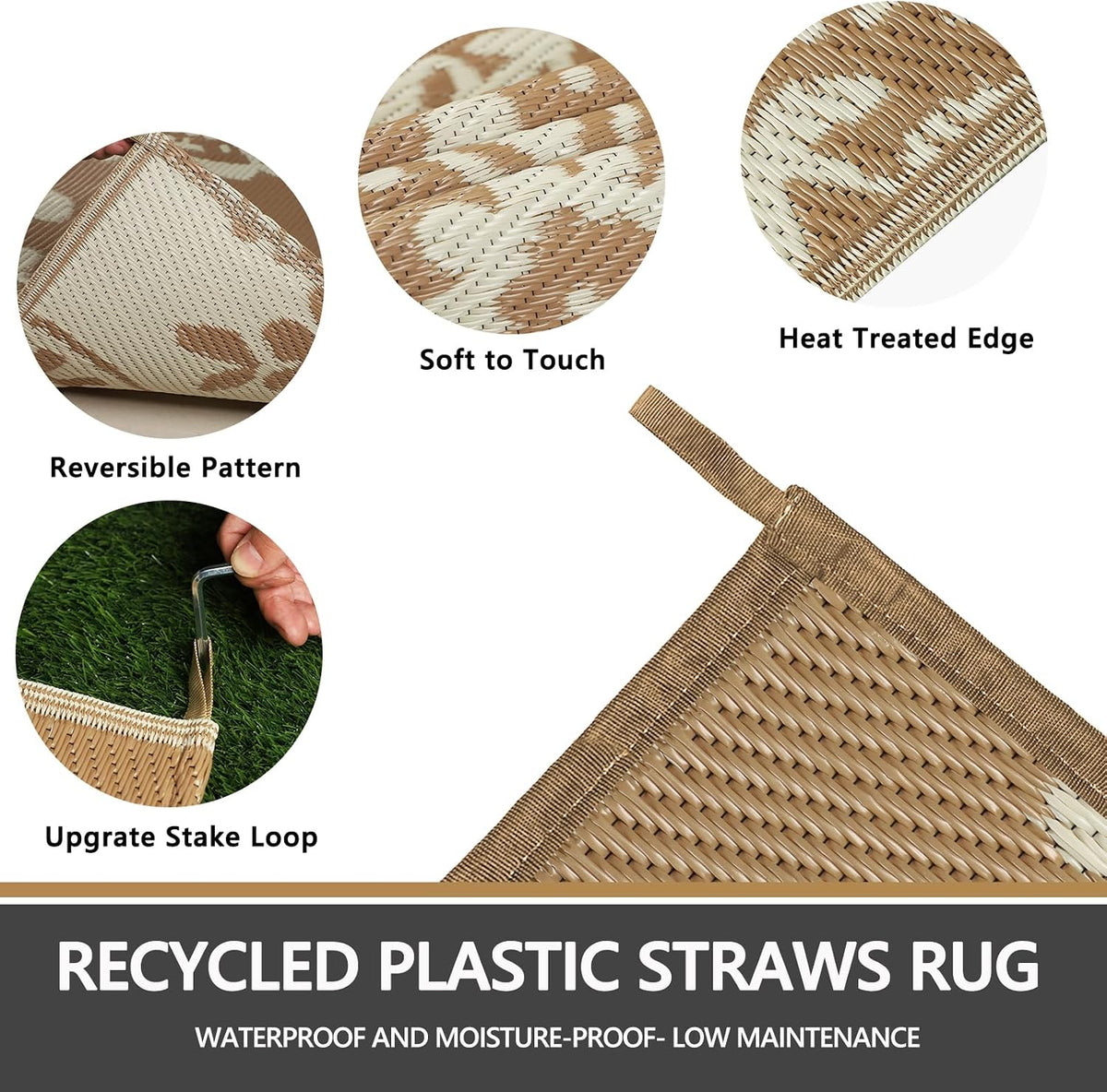 Outdoor Rug 8x10 Patio Waterproof Boho Floral Plastic Straw Rug Large Foldable Vintage Outside Carpet with Carry Bag