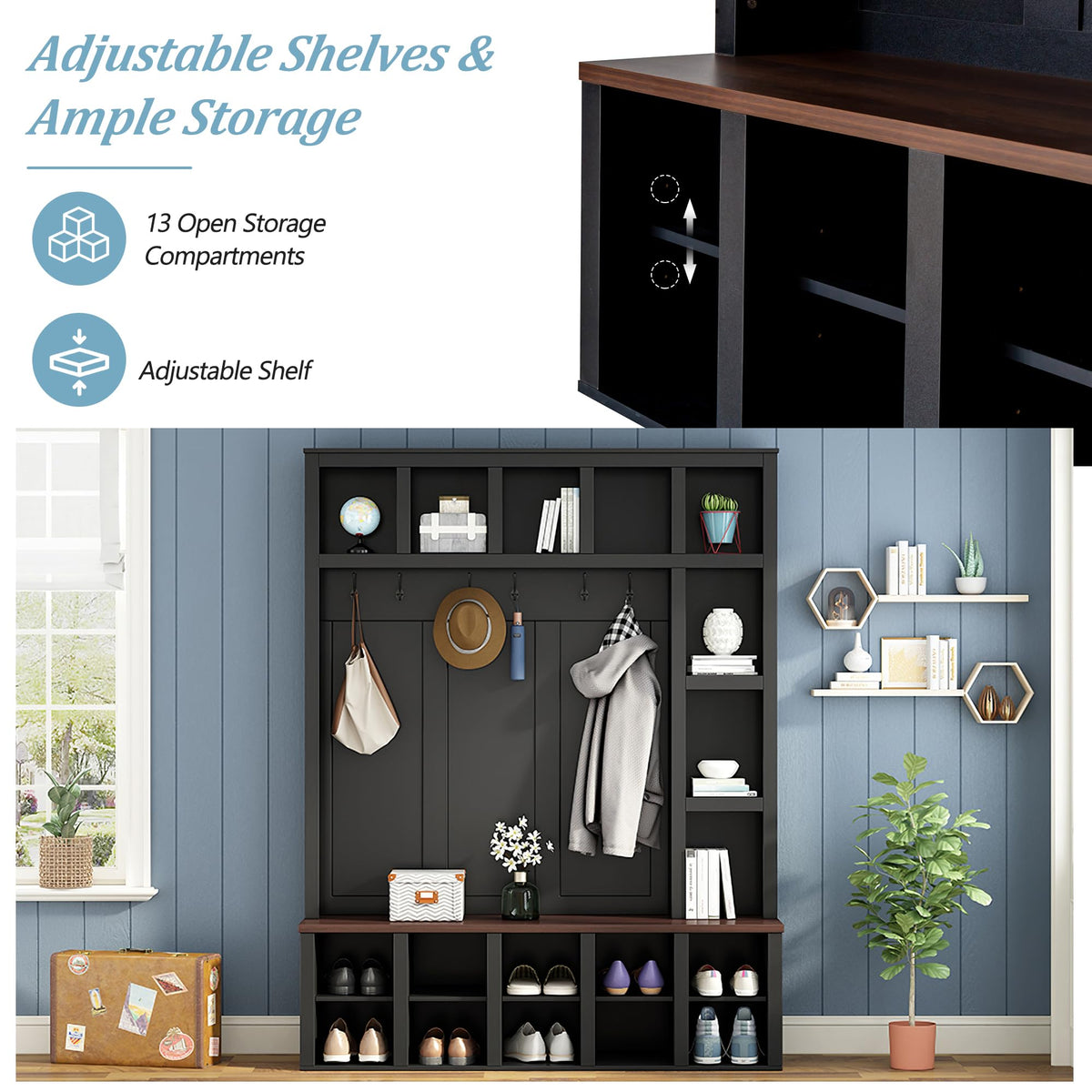 Hall Tree with Bench & Shoe Storage, Farmhouse Wood Coat Rack, Black
