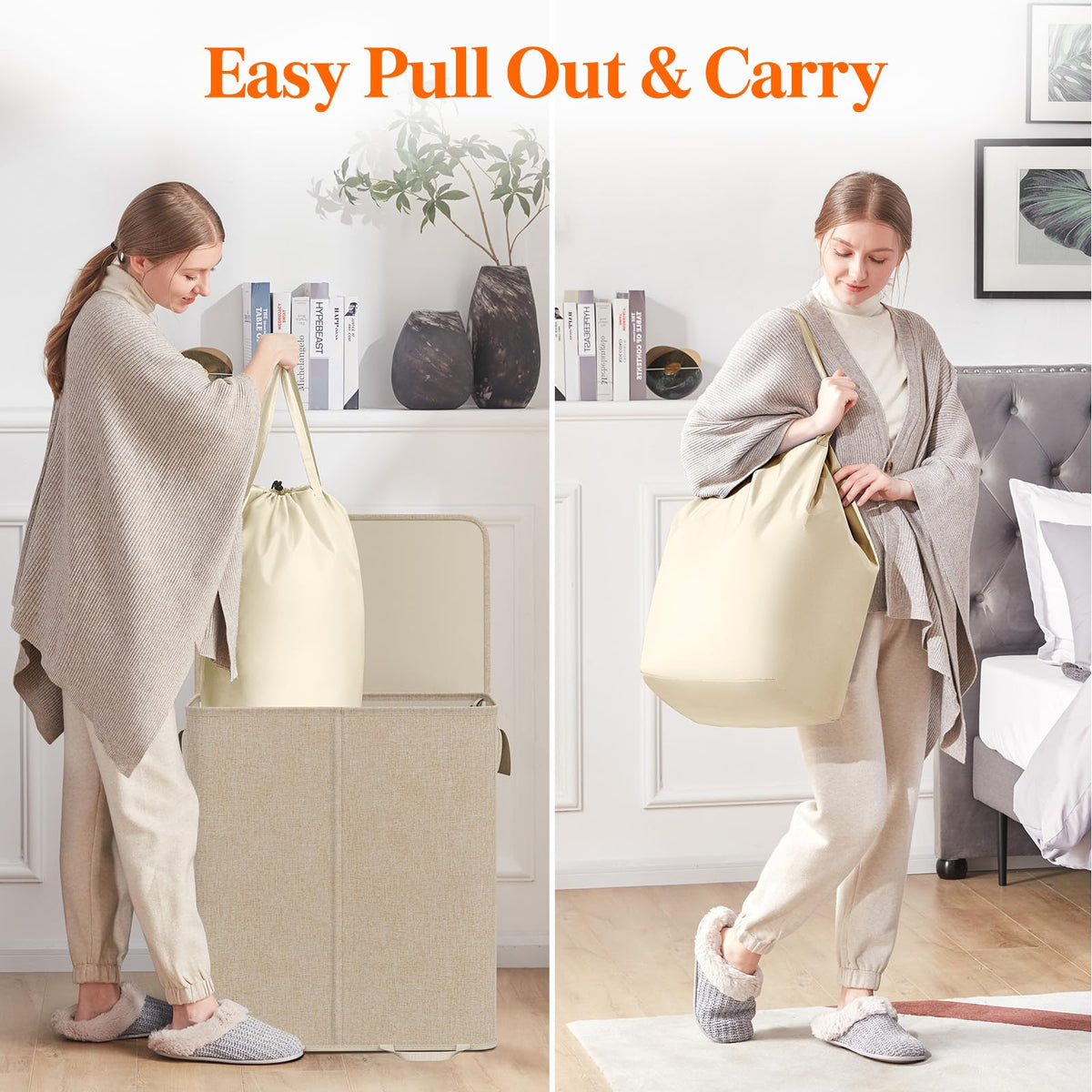 Double Laundry Hamper with Lid, Removable Laundry Bags, Beige