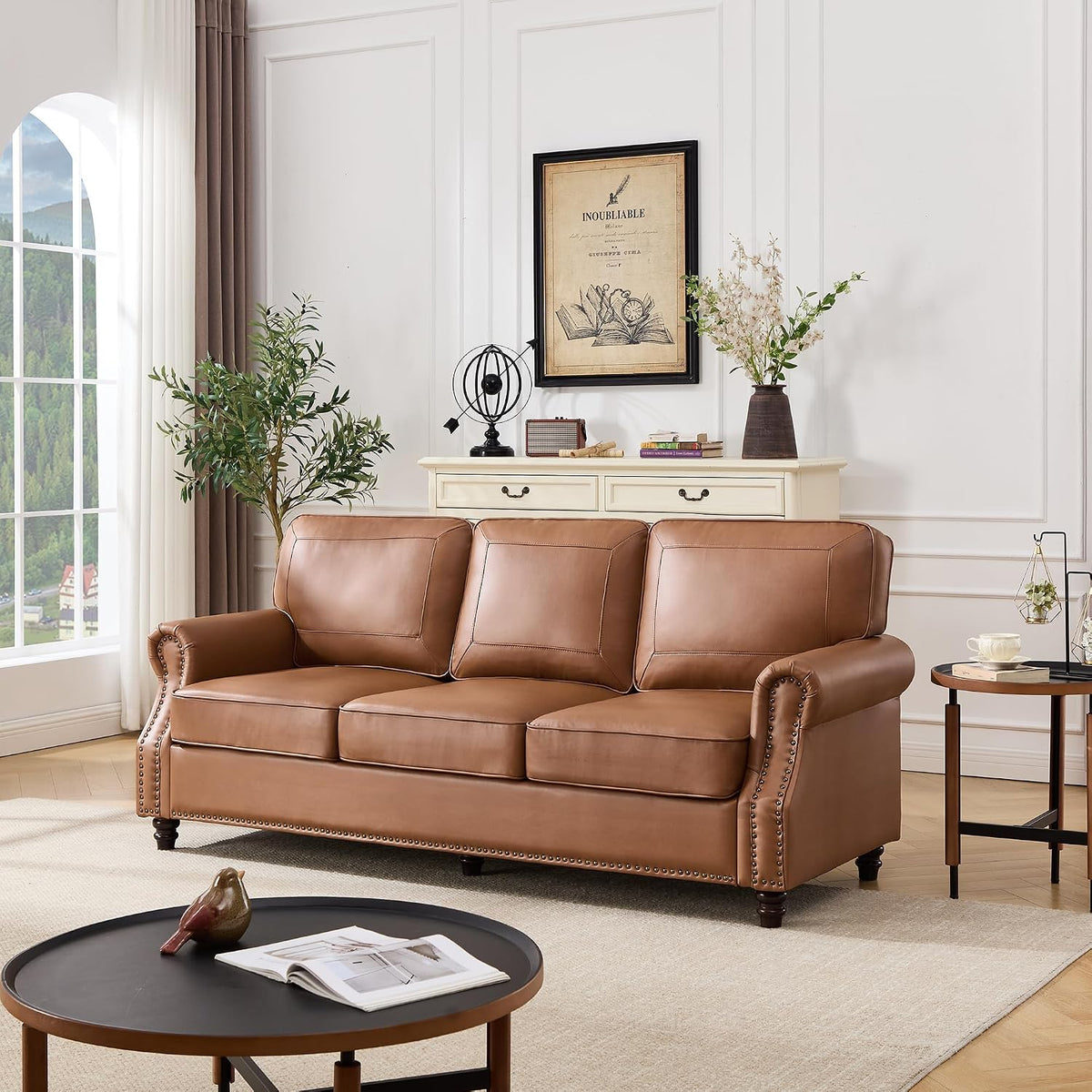 Kingfun Mid-Century Modern Couch, Faux Leather Sofa, 3 Seater Couch for Living Room with Rolled arms & Nailhead Trim
