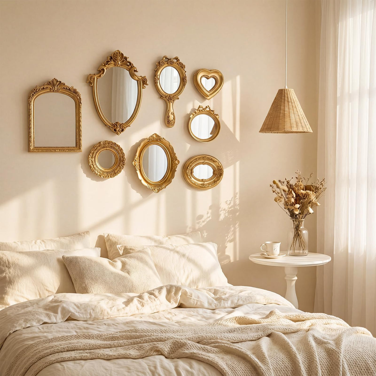 8 Pcs Vintage Gold Wall Mirror Set, 11in/10in/5in/3in, Elegant Style
