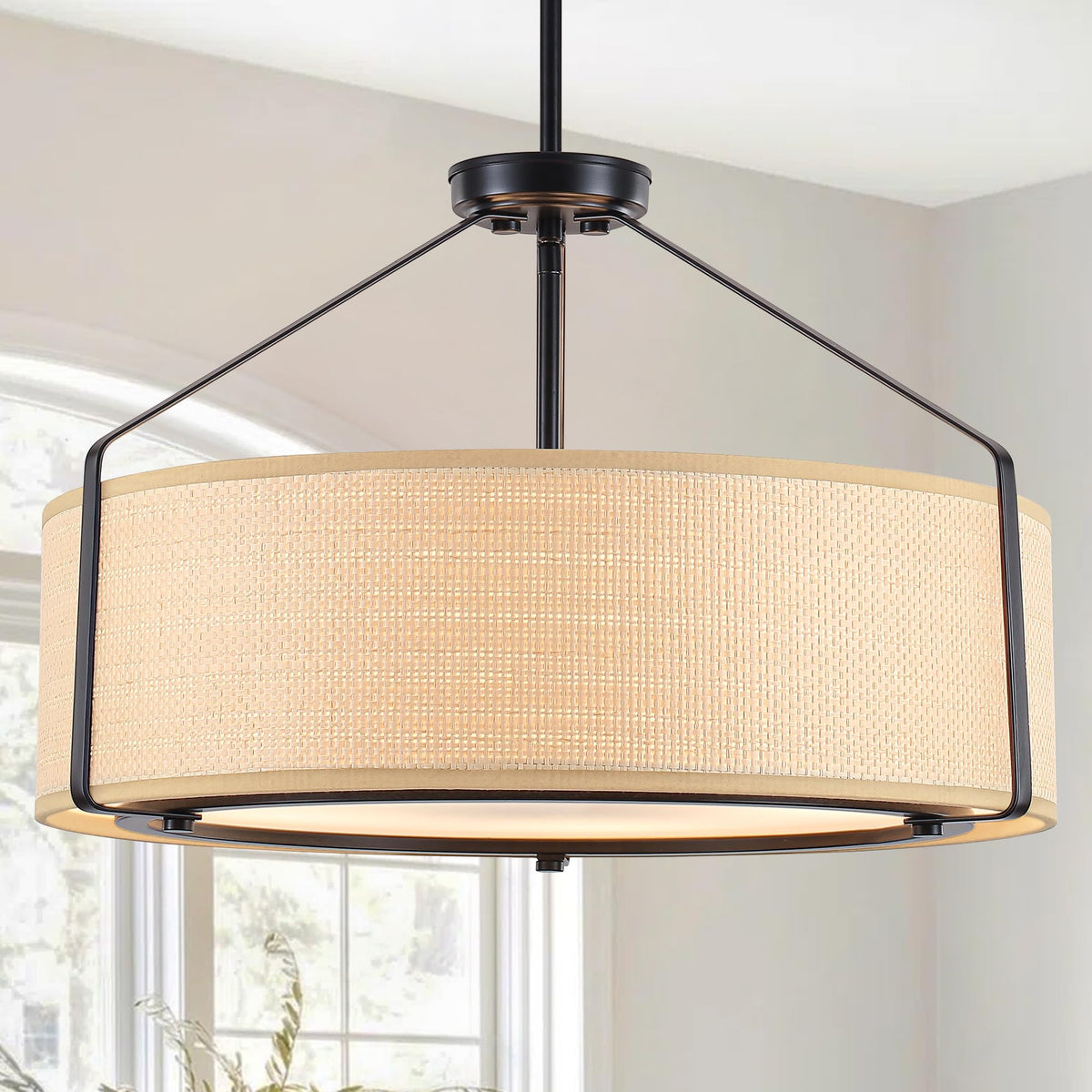 20Inch Drum Chandeliers, Yellow Rattan Drum Chandelier with Metal and Fabric Shade, Adjustable Height, Simple Modern
