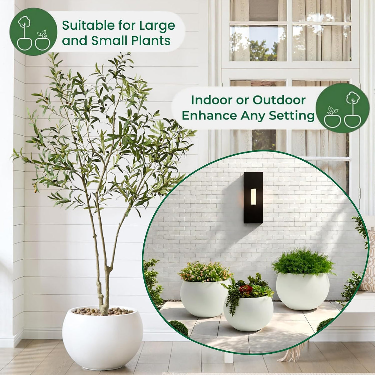 19.3"Dia x 13"H Large Fiberstone Sphere Planter, White Round Pot | 15" Opening, Drainage Hole & Plug, Wheathered