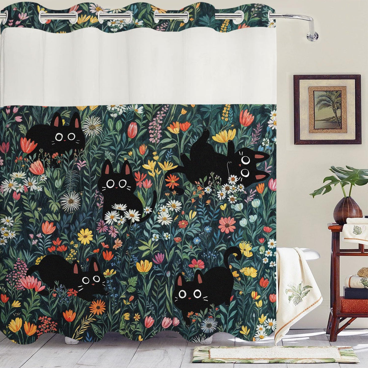 No Hook Shower Curtain with Snap in Liner Funny Black Cats Boho Floral Daisy Flower Shower Curtains Fun Kitten Animal