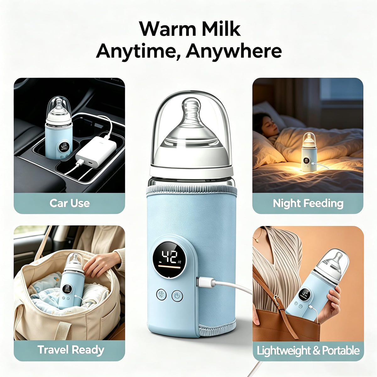 PortableUSB Baby Bottle Warmer Sleeve,Digital Temp Display,Travel,Blue