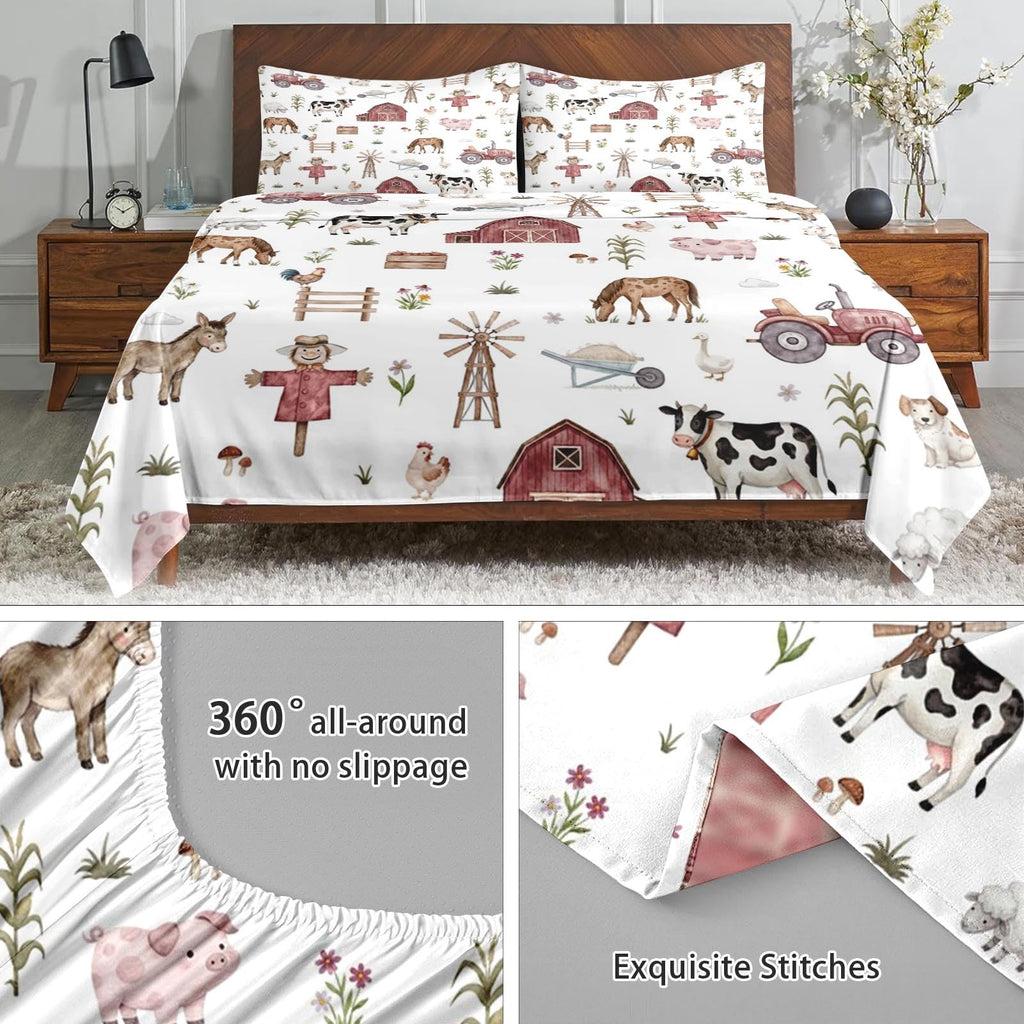 Bed Sheet Set, 4 Pieces Farmhouse Farm Bedding with Flat