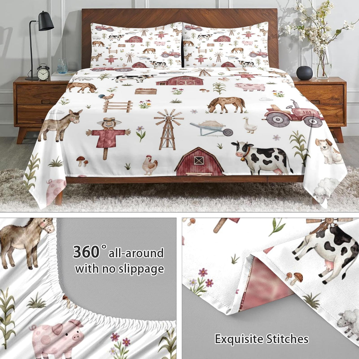 Bed Sheet Set, 4 Pieces Farmhouse Farm Bedding with Flat