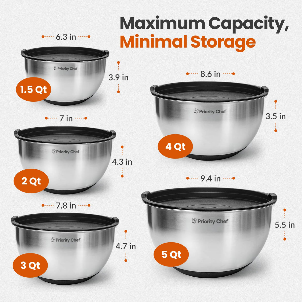 Premium Mixing Bowls with Airtight Lids Set, Thicker Stainless Steel, Black