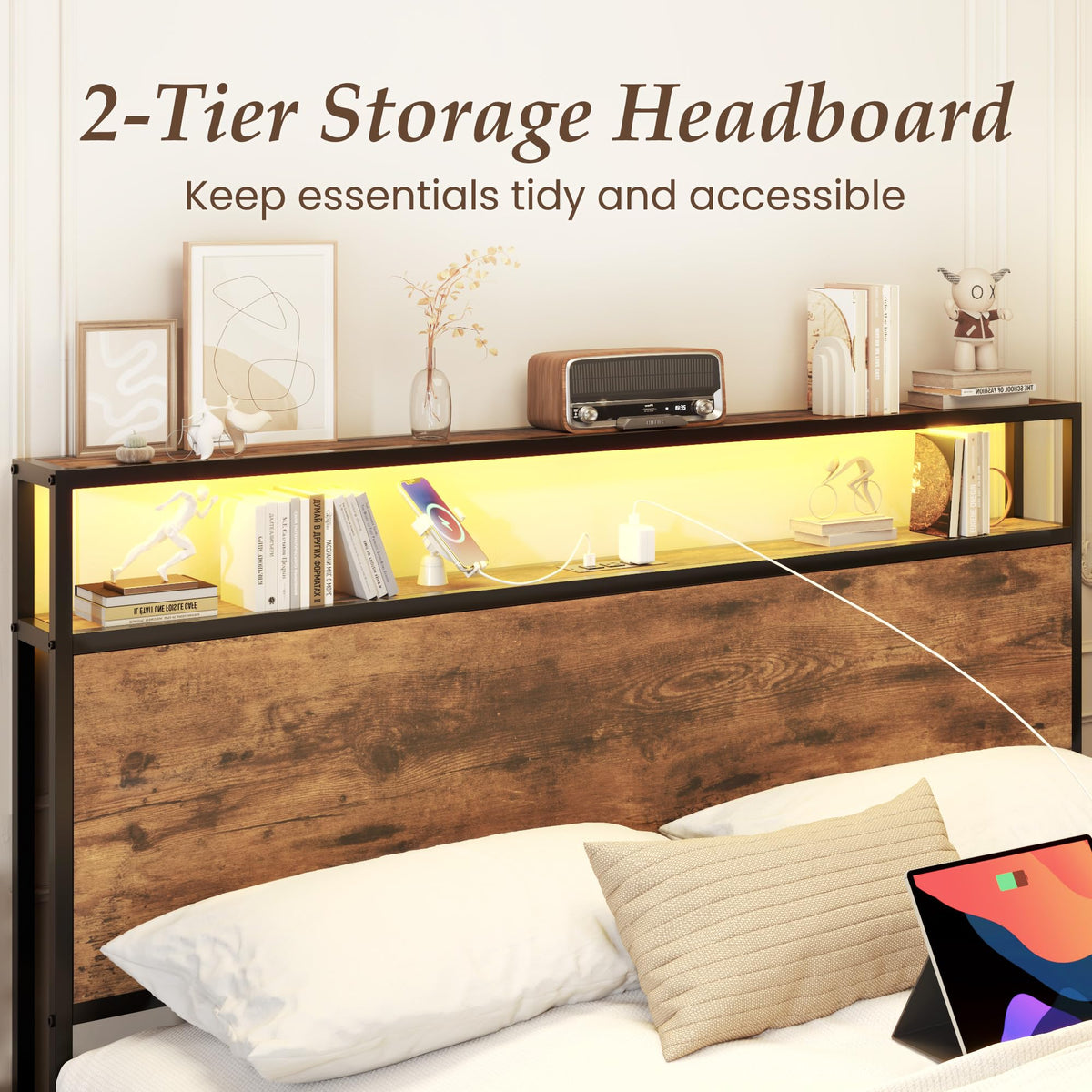 Bed Frame with Charging Station, LED Lights, 2 Drawers, Rustic Brown