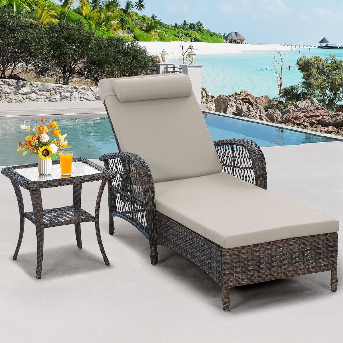 Outdoor Wicker Chaise Lounge Chair with Side Table, All-Weather Patio Lounger Chaise Sunbathing Reclining Chairs with