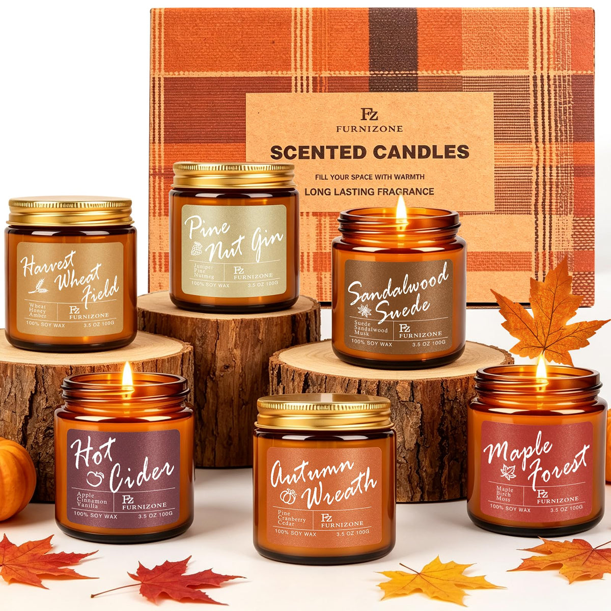 6 Fall Candles Set, Fall Scented Candles Scented, 180 Burning Hour