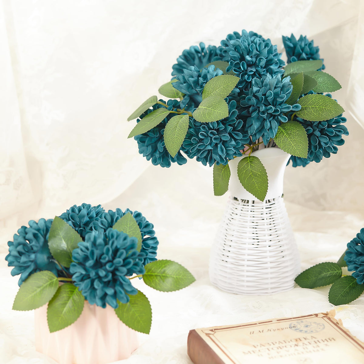 Artificial Flowers, 25pcs Dark Teal Artificial Rose and Dahlia for Wedding