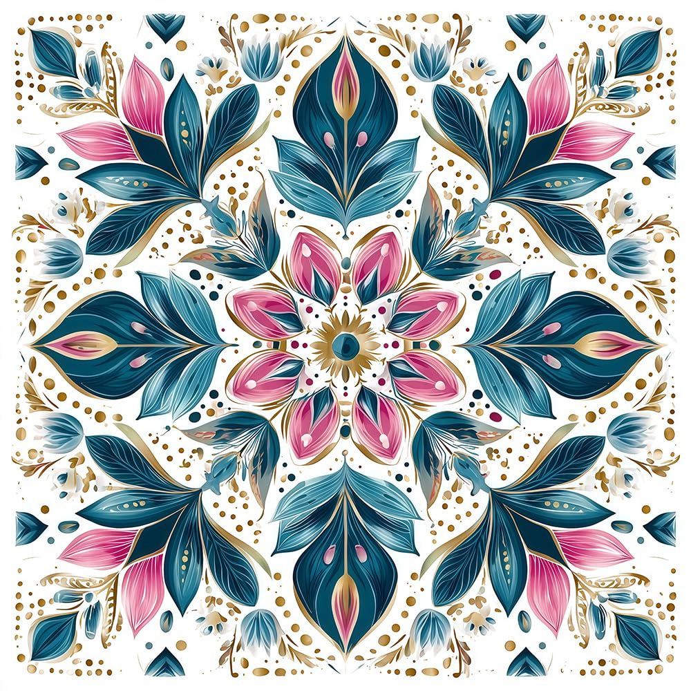 Navy Blue Pink Mandala Flowers Vintage White Peel and Stick Vinyl Floor Tiles 10-Pack 12 x 12 inch, Self Adhesive