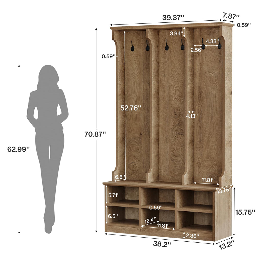 Hall Tree with Bench and Shoe Storage, Rustic Oak