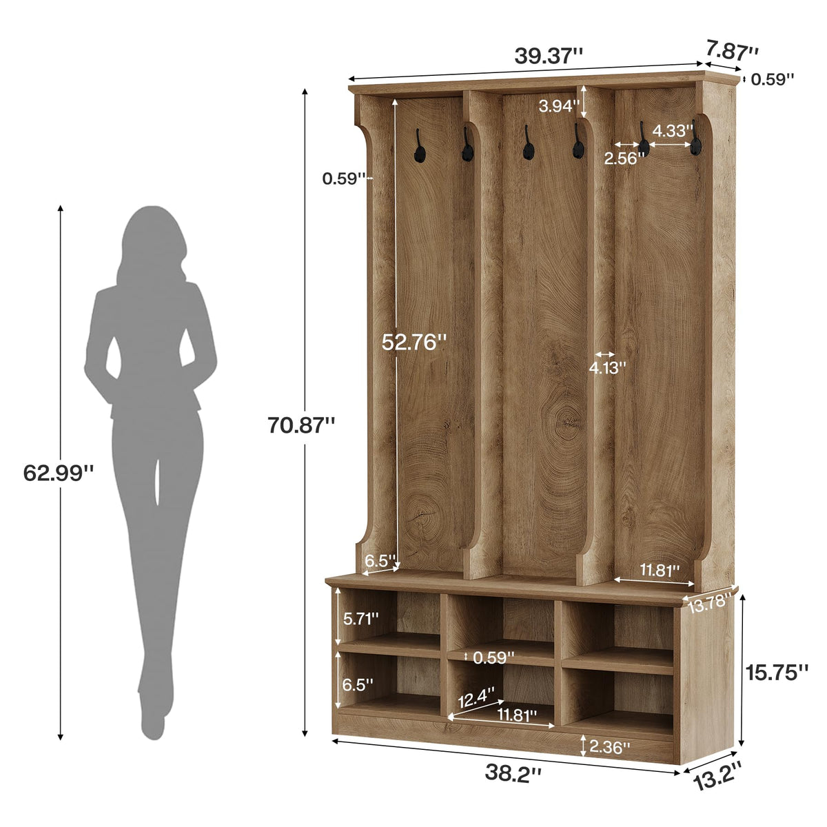 Hall Tree with Bench and Shoe Storage, Rustic Oak