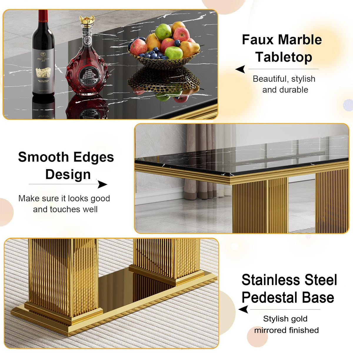 68 in Faux Marble Dining Table for 4-6, Black Marble Dining Table with Gold Stainless Steel Base, Luxury Rectangular