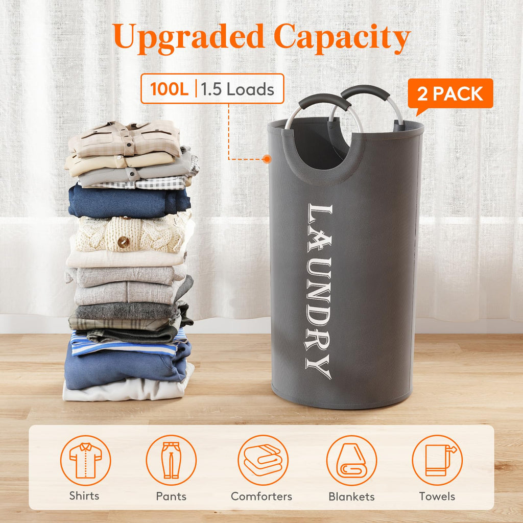 2 Pack 100L Laundry Basket with Aluminum Handles, Grey