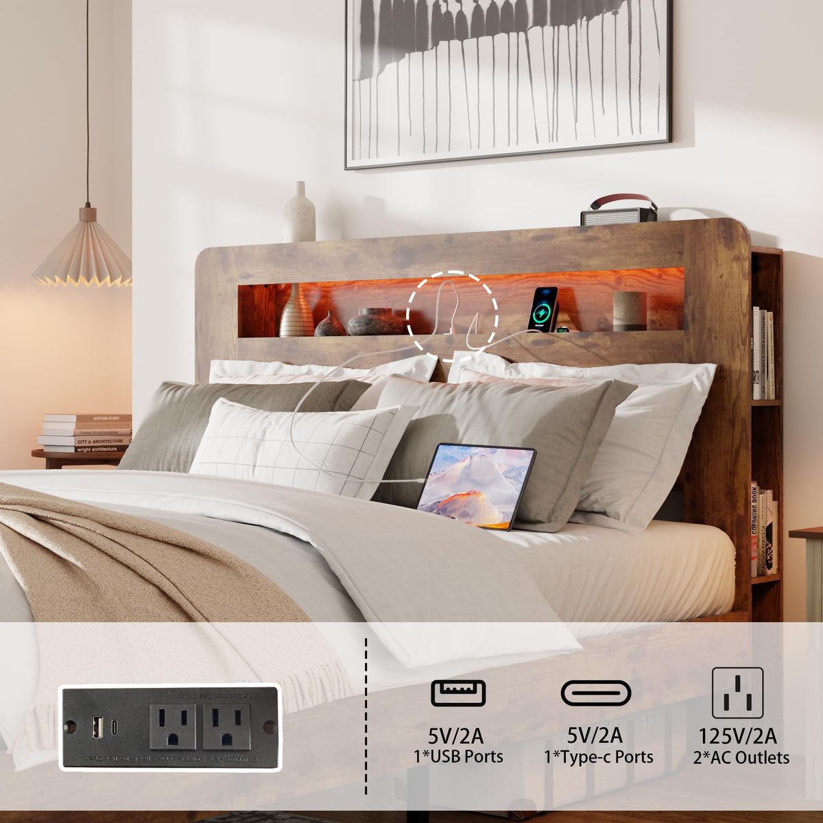 Wooden Bed Frame with Storage Headboard, Farmhouse Platform Bedframe with Bookcase Shelf & Led Lights
