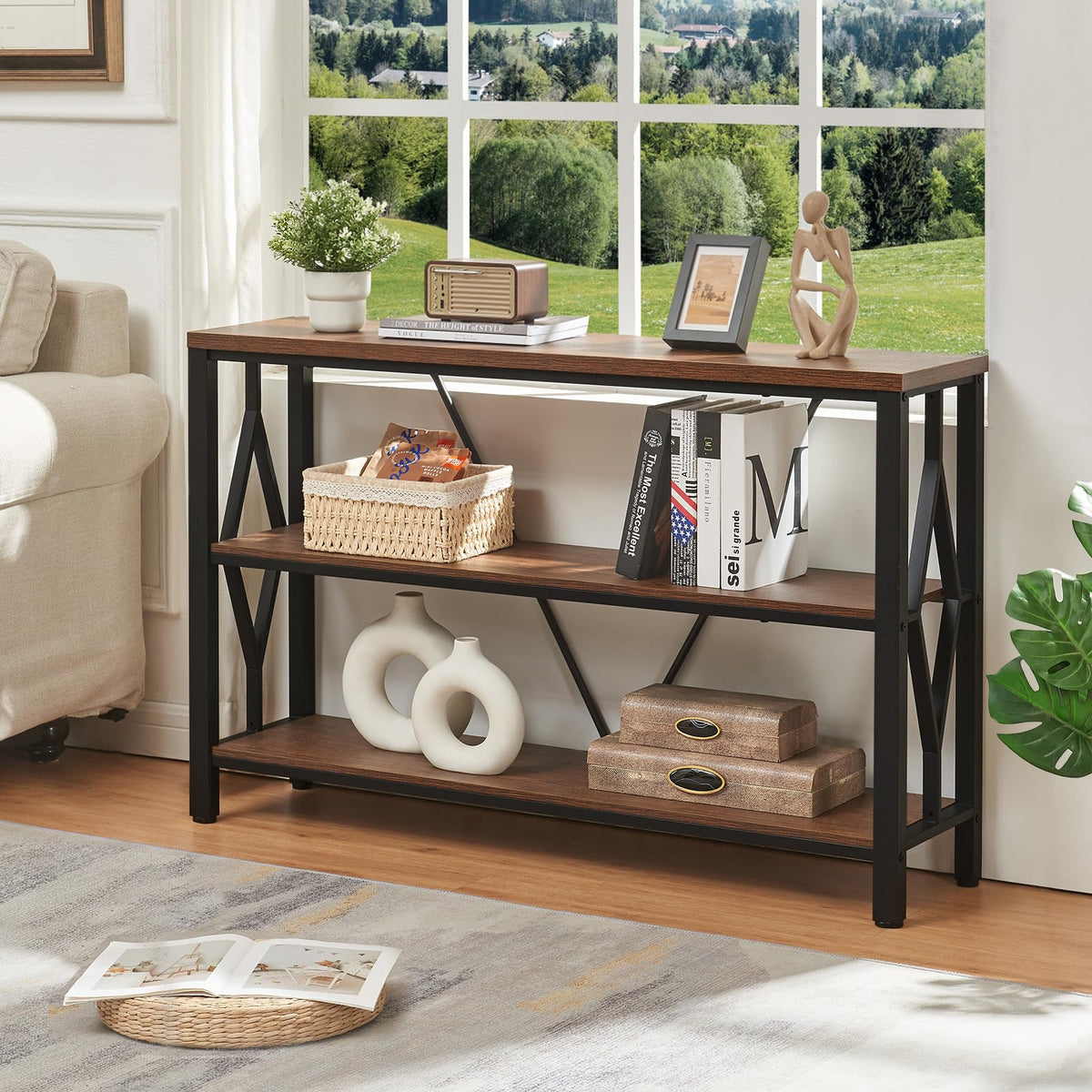 Sofa Console Table, Rustic Entry Table with 3 Tier Bookshelf, Brown 47 Inch