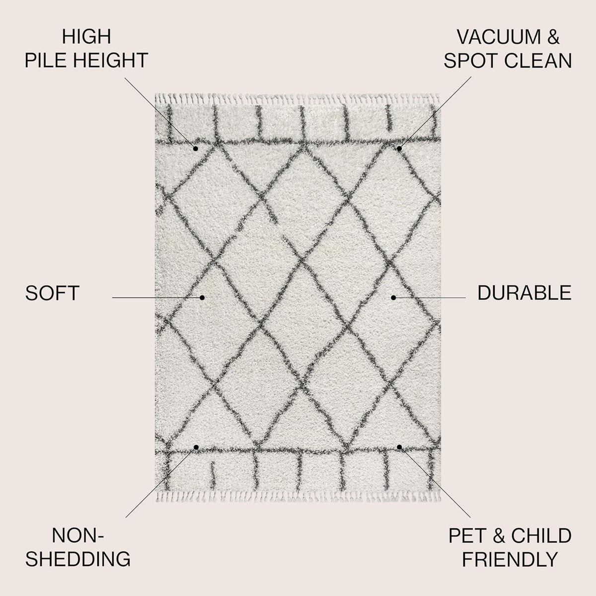 Mercer Shag Plush Tassel Ivory/Gray Indoor Area Rug, Moroccan Geometric Trellis, Easy-Cleaning