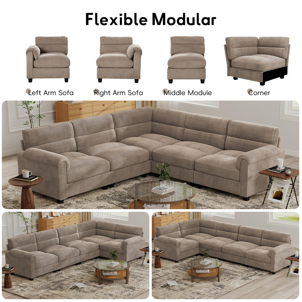 Modular Sectional couches, L Shaped Sofa, Brown