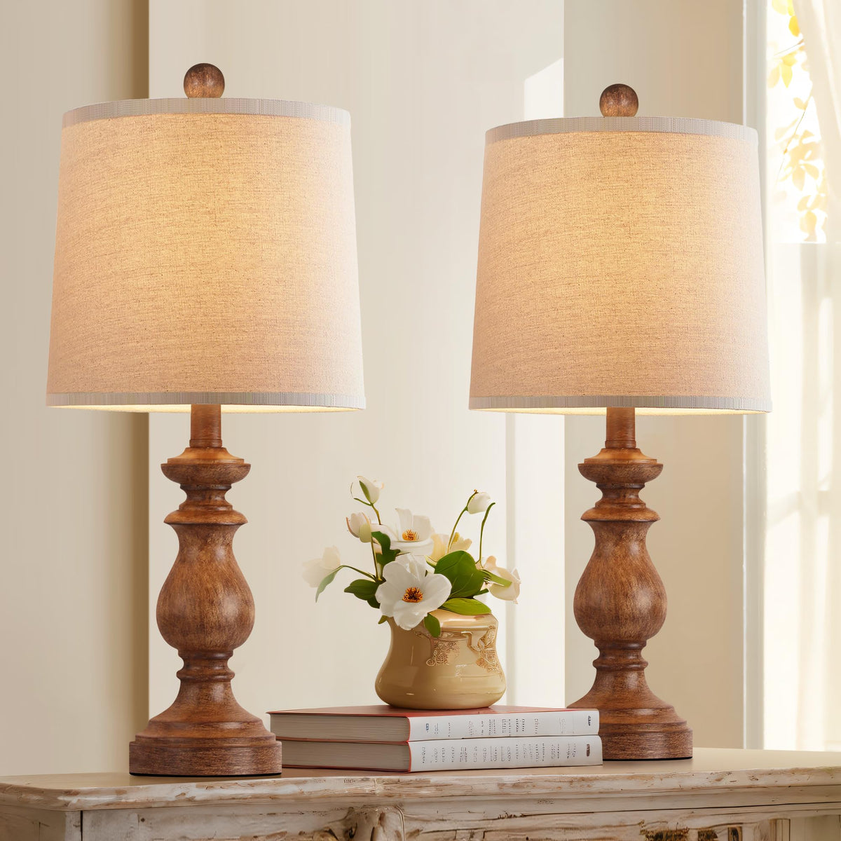 Traditional Table Lamp Set of 2, Rustic Farmhouse Table Lamps Bedroom, 22" Bedside Desk Lamps Vintage Nightstand