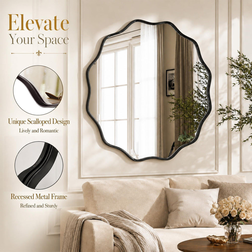 Black Scalloped Circle Mirror 30" Wavy Edge Round Wall Mirror
