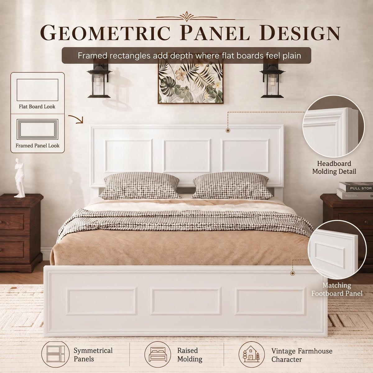 Bed Frame with Adjustable Height Headboard, Pine Wood Platform Bed with Strengthened Support Frame, Modern