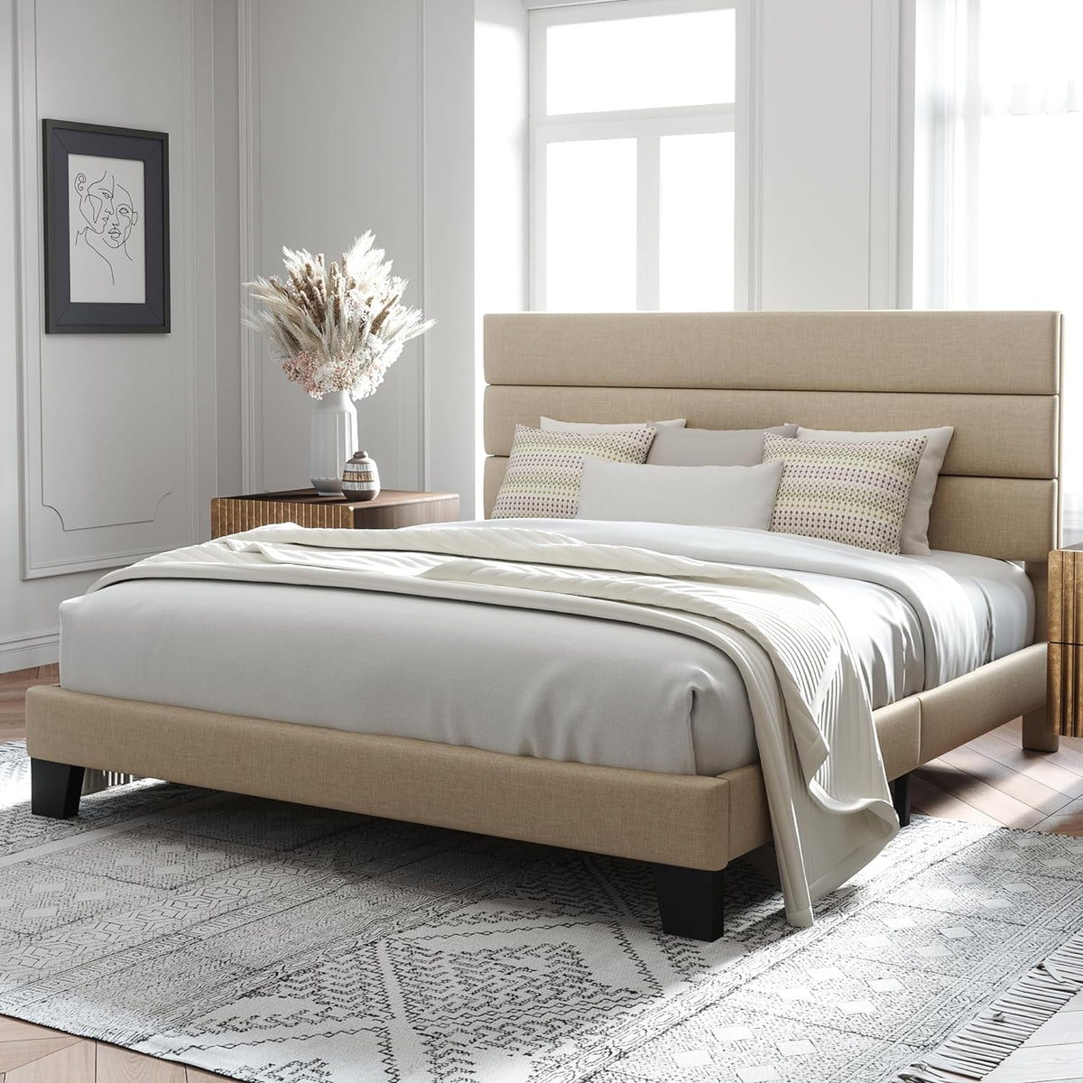 King Platform Bed Frame with Fabric Upholstered Headboard and Wooden Slats Support