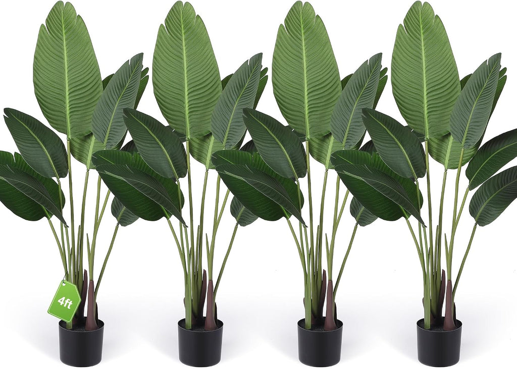 4 Pack 4Ft Artificial Bird of Paradise Plants Faux Palm Tree with 10 Trunks Banana Leaf Artificial Plant Lifelike