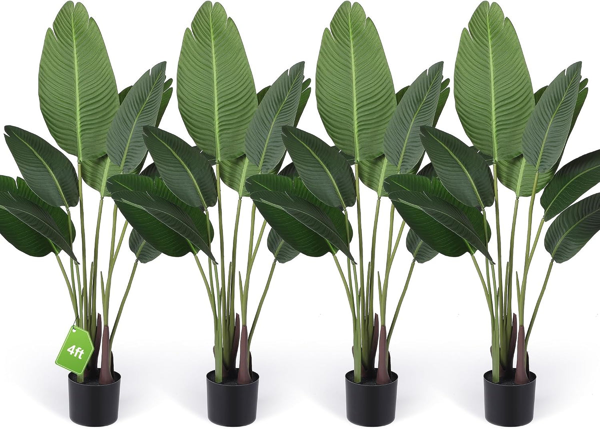 4 Pack 4Ft Artificial Bird of Paradise Plants Faux Palm Tree with 10 Trunks Banana Leaf Artificial Plant Lifelike