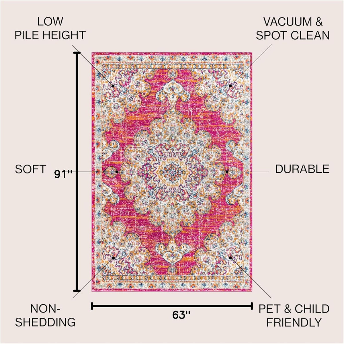 Boho Vintage Pink/Cream Indoor Area Rug, Bohemian Flair Medallion, Chic, Floral, High Traffic, Pet Friendly