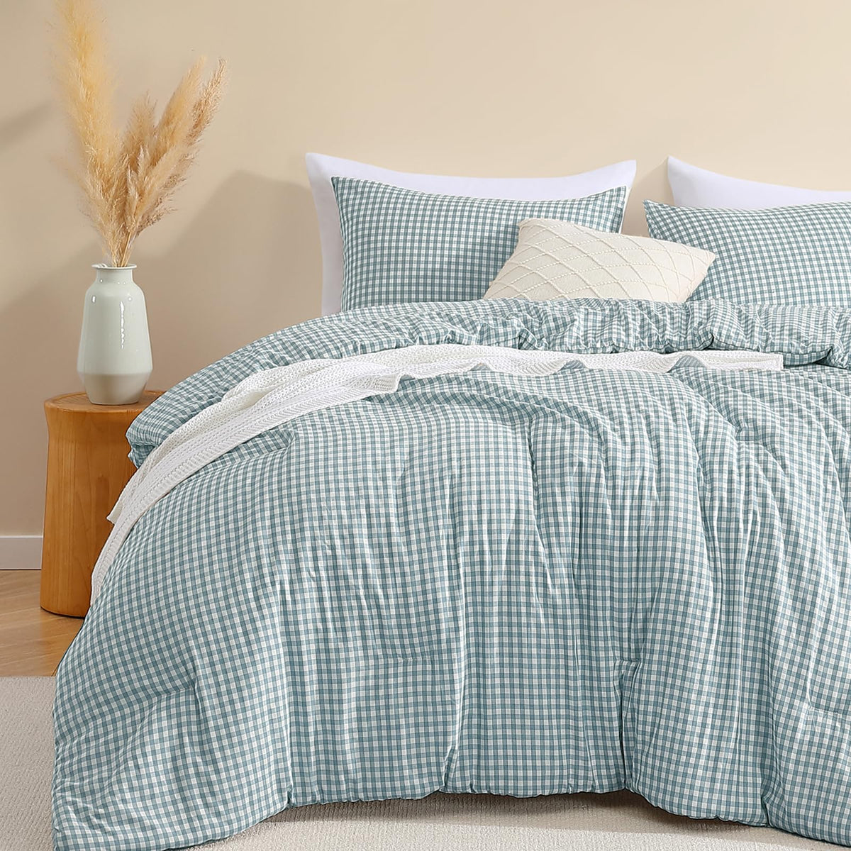 Blue Gingham Comforter Set, 3 Pieces Bedding