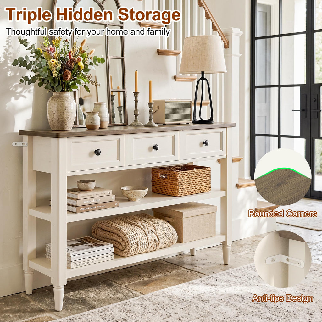 43" Farmhouse Console Table with 3 Drawers 2 Shelves