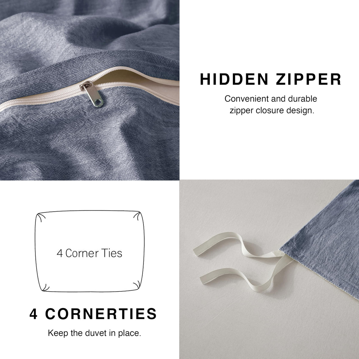 Linen Duvet Cover - Soft Breathable Cotton Linen Blend, 3-Pieces Bedding Set with 2 Pillowcases