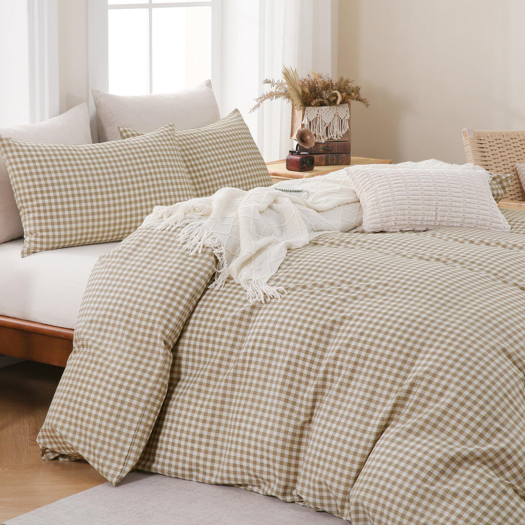 Brown Gingham Duvet Cover Bedding Set Prewashed Extra Soft