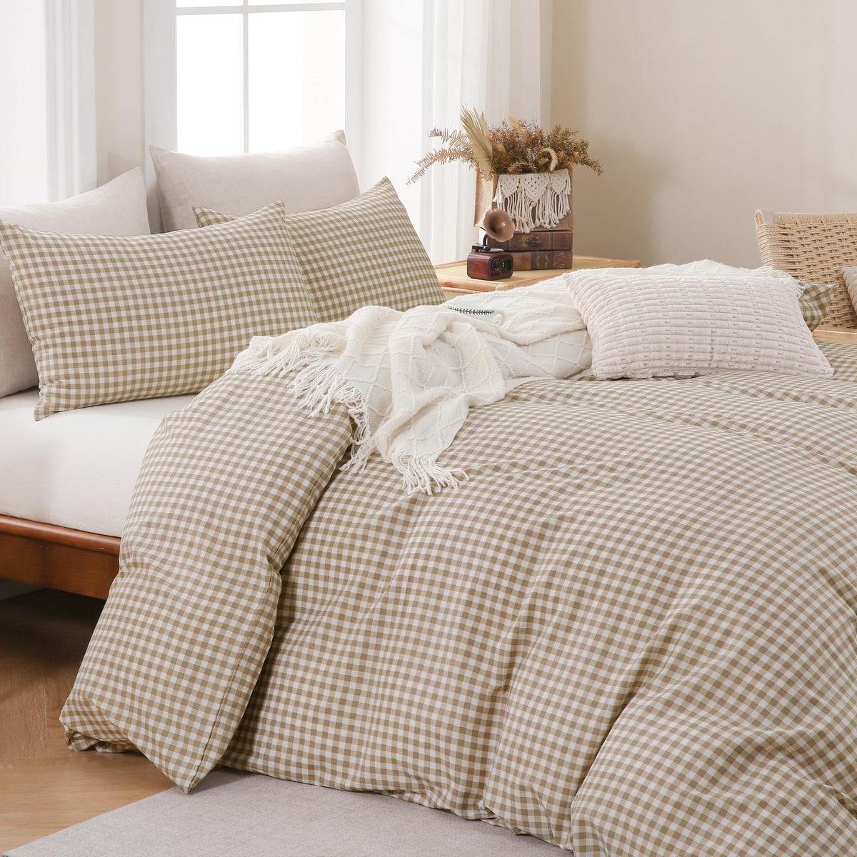 Brown Gingham Duvet Cover Bedding Set Prewashed Extra Soft