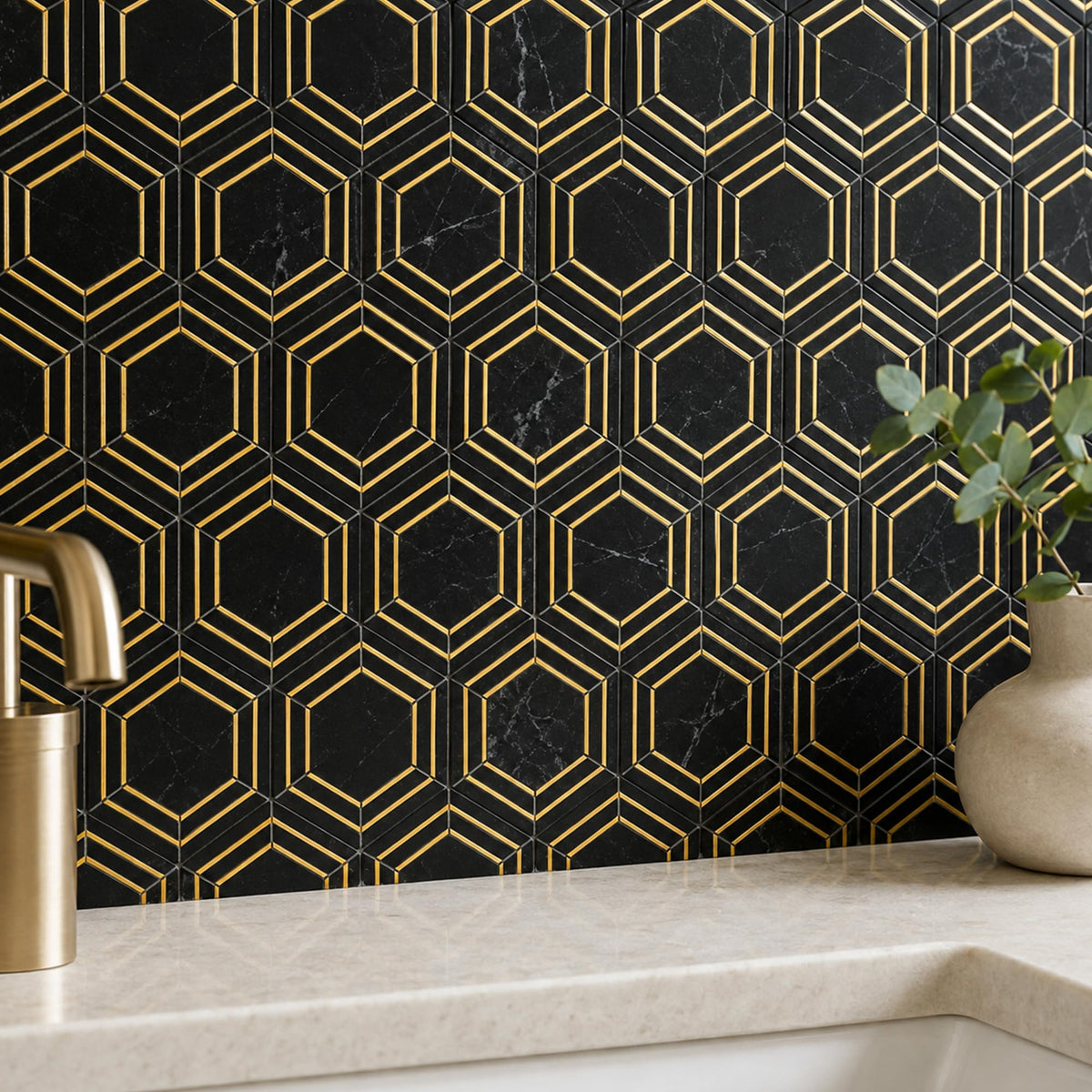 Natural Black Marble 3 Inch Hexagon Mosaic Tile, Polished, 5 Sheets