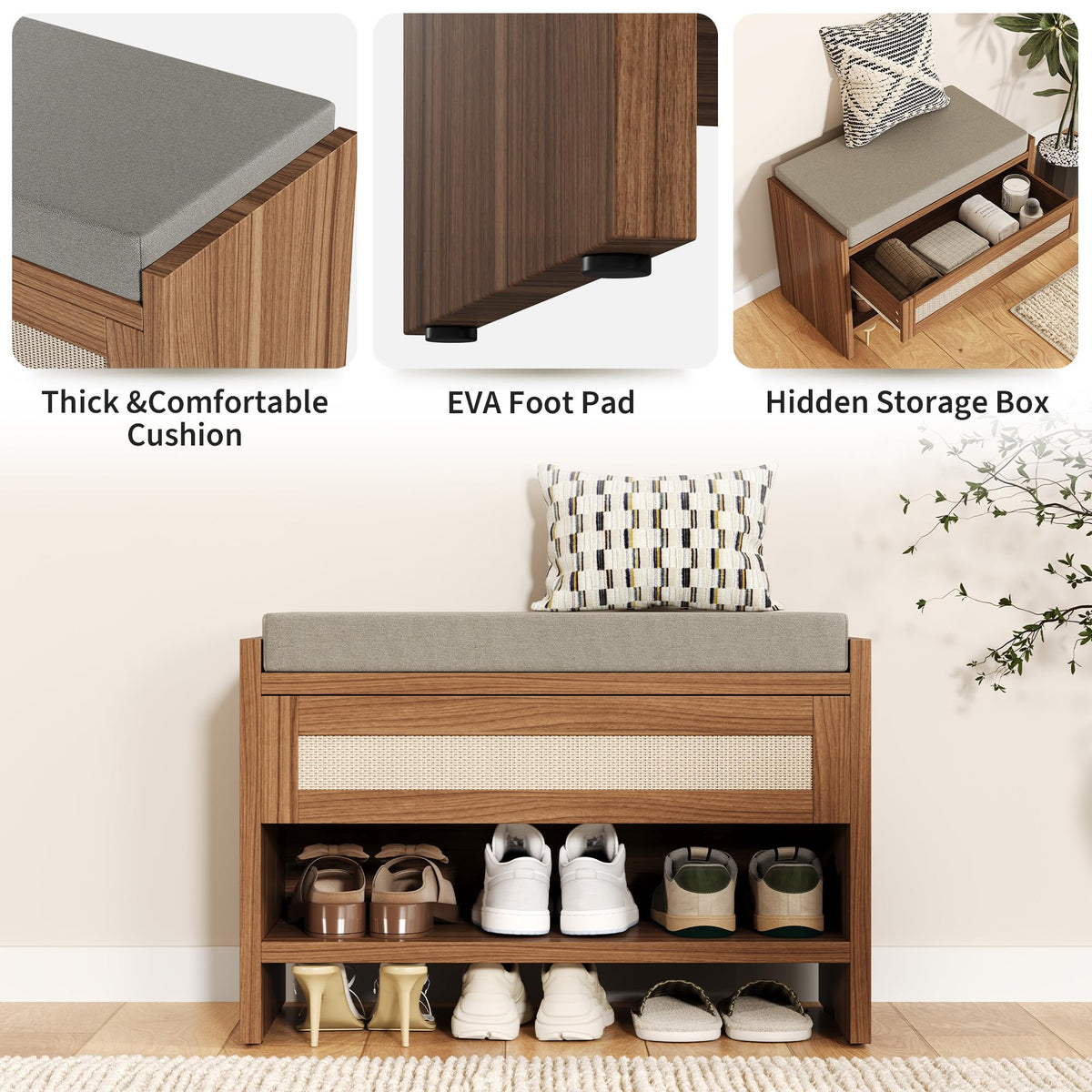 2PCS 31" L Farmhouse Shoe Bench with Storage Drawer & Linen Cushion - Wooden Entryway Bench with Open Shelf