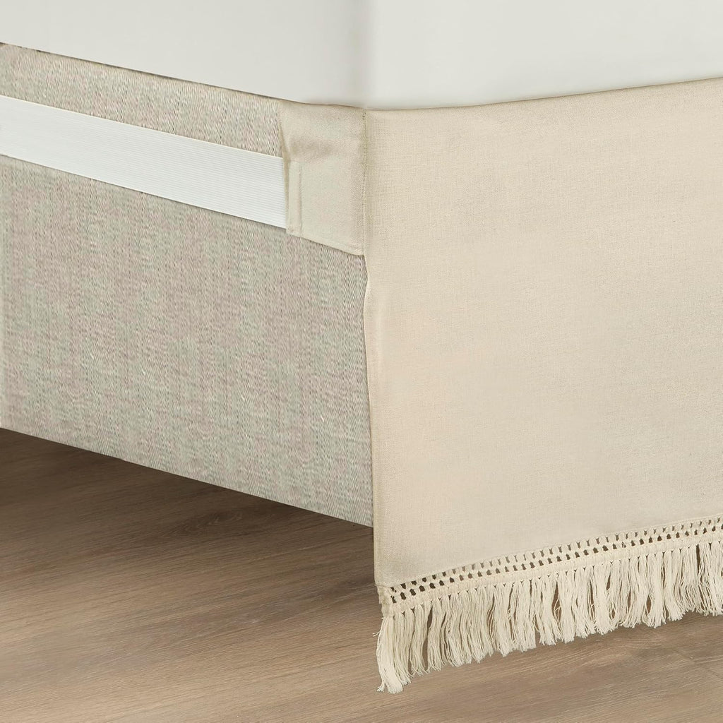 Boho Fringe 15-Inch Tailored Drop Easy Fit Bed Skirt Queen Size Single 60" W x 80" L +15" Neutral - Queen Bed Skirt