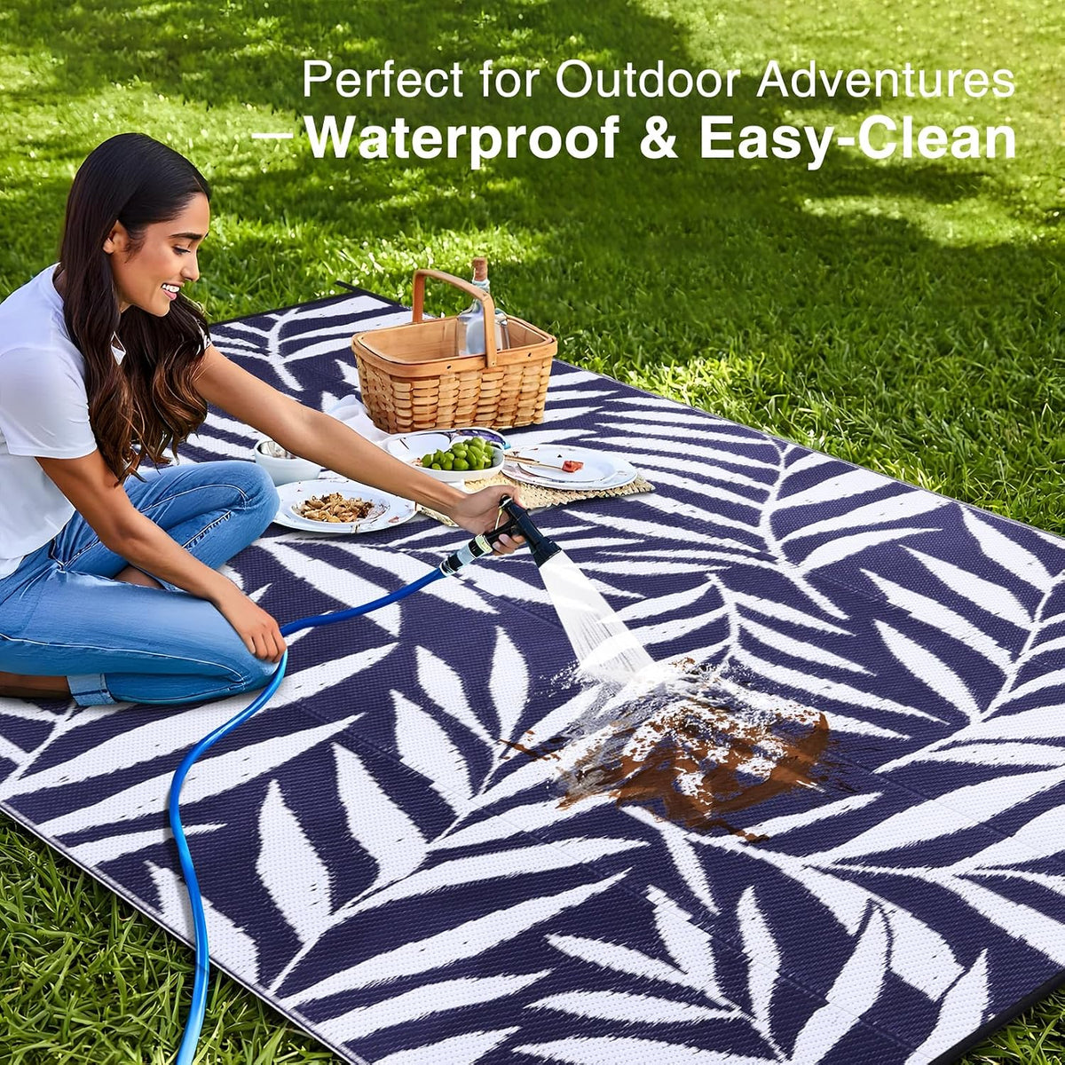 Outdoor Rug Waterproof Reversible Leaf Mat, Navy & White