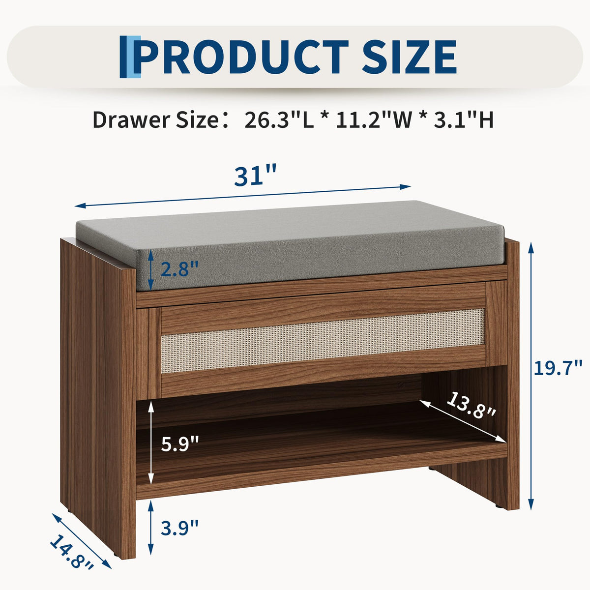 2PCS 31" L Farmhouse Shoe Bench with Storage Drawer & Linen Cushion - Wooden Entryway Bench with Open Shelf