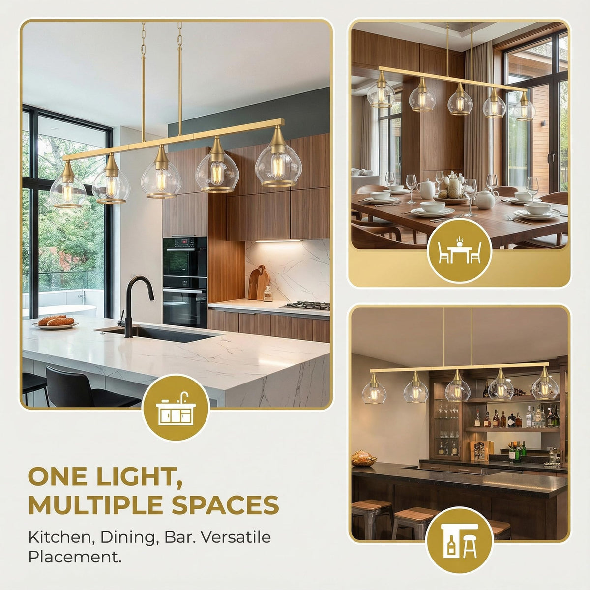 Gold Kitchen Island Linear Pendant Light, 5-Light, E26 Base