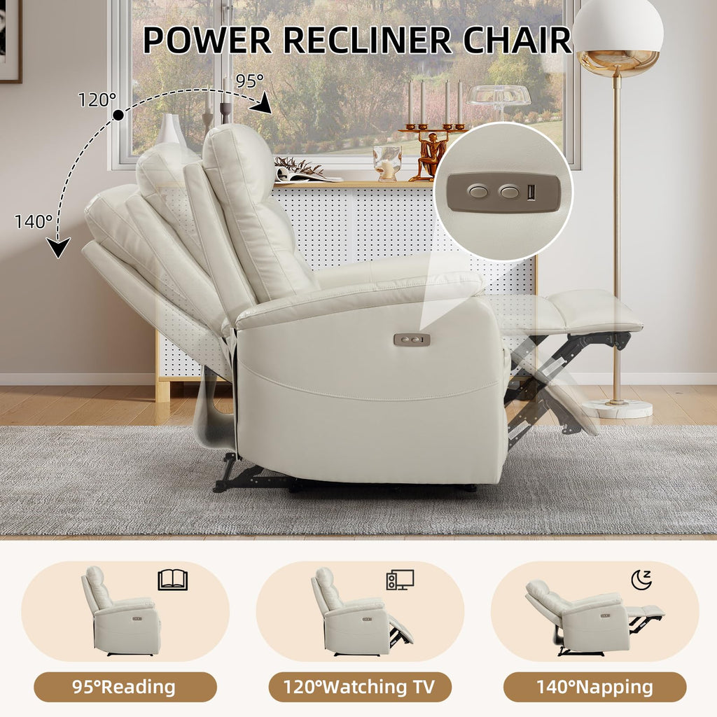 Genuine Leather Power Recliner, White, 2Pack